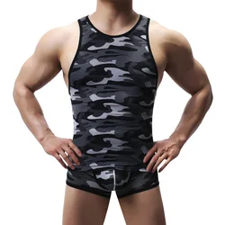 Mens Undershirts Sets Boxer Shorts Mesh Camouflage Printed Underwear Breathable Sleepwear Bodybuilding Gym Sports Fitness Suits