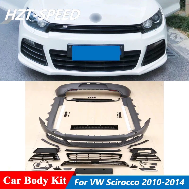 R Style Unpainted PP Material Car Body Kit Front Rear Bumper Side Skirts Grille With Led Light For VW Scirocco 2010-2014