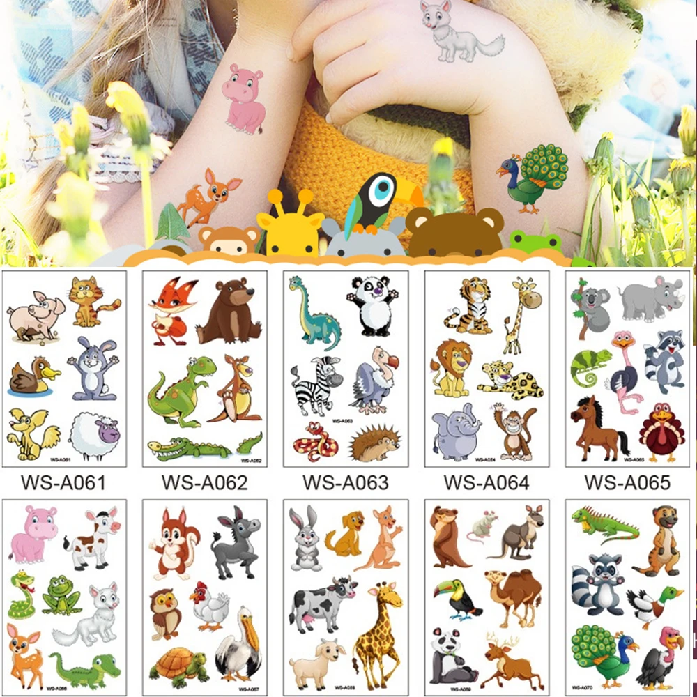 

10 kinds Cartoon Animal Tattoos Cute Children Outings Picnic Makeup Temporary Body Arm Disposable Sticker tatouage temporaire