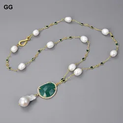 GuaiGuai Jewelry 26'' White Rice Pearl Green Jades Crystal Chain Necklace Keshi Pearl Pendant