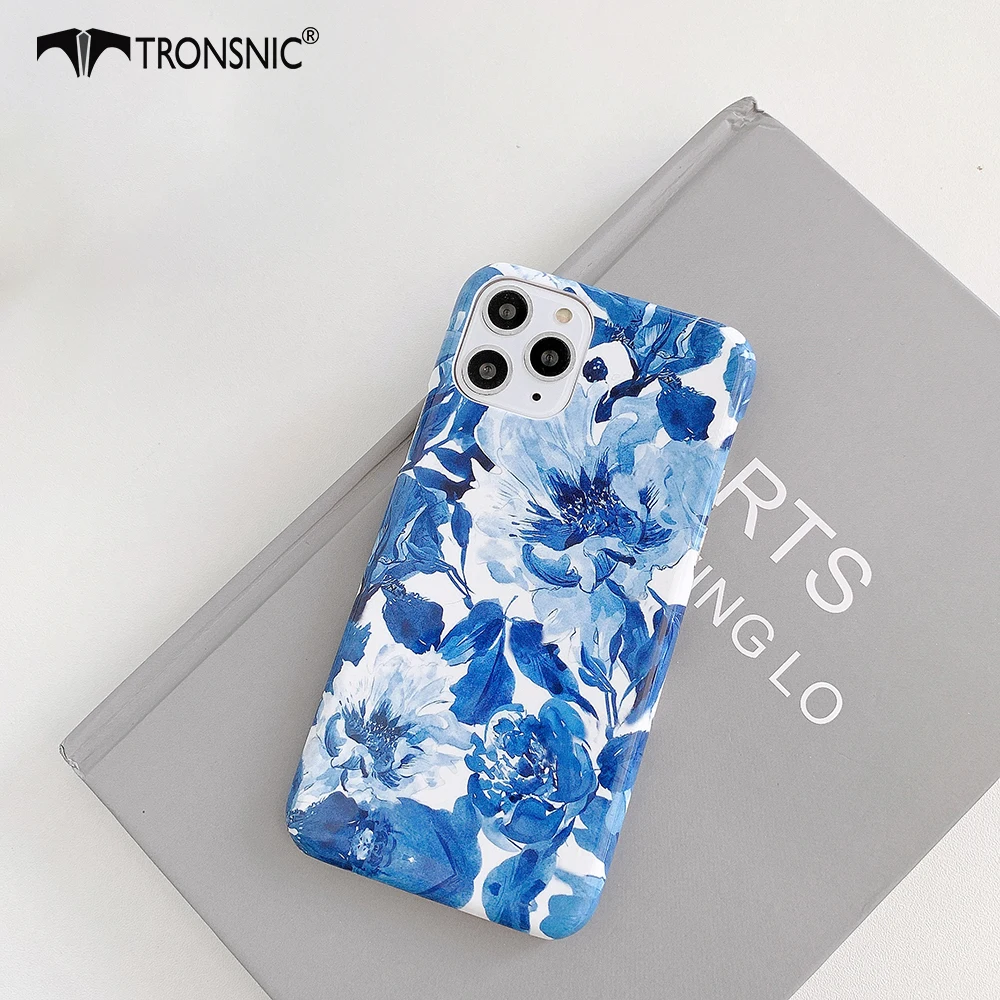 Glossy Flowers Phone Case for iPhone 11 Pro Max XR X XS MAX Hard PC Shiny Luxury Blue Case for iPhone 6s 7 8 Plus Covers Fashion