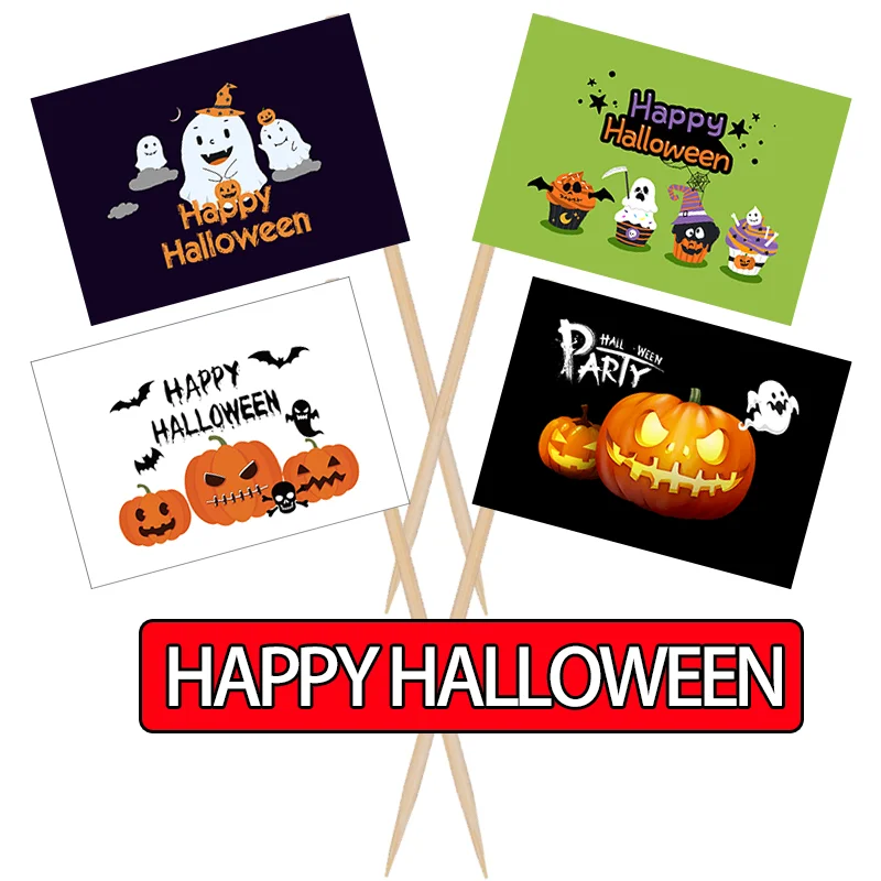 Halloween Decoration Pumpkin Lantern Bat Flag Dance Patty Birthday Cake Topper Toothpick Custom Stick Flags Scene Layout 500PCS