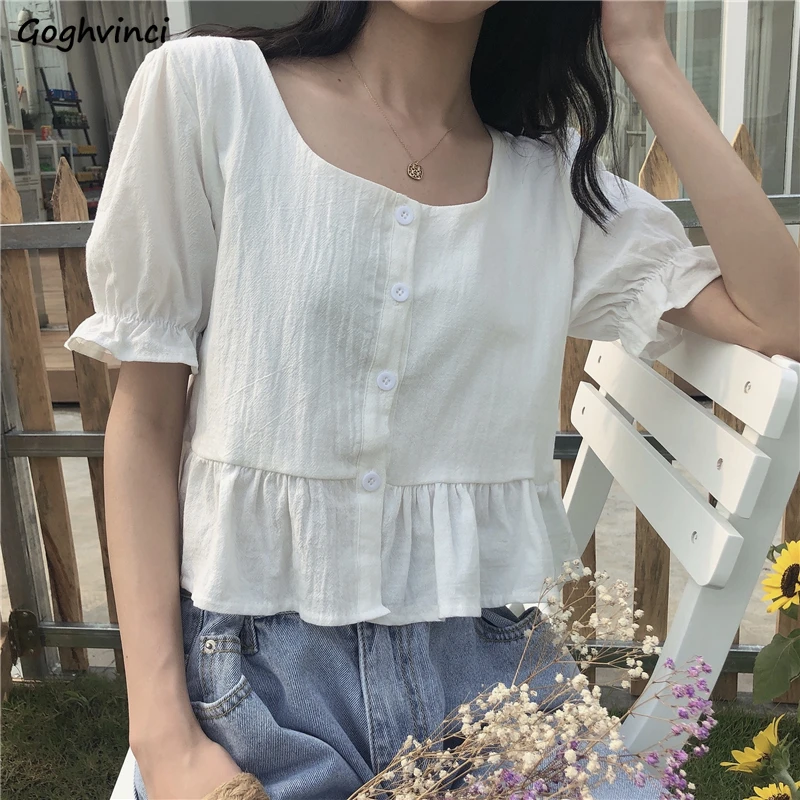 Shirts Women Ruffles New Sweet Style Summer Ulzzang Travel Basic Solid Crops Tops Popular Slim Casual Female Holiday Mujer Soft