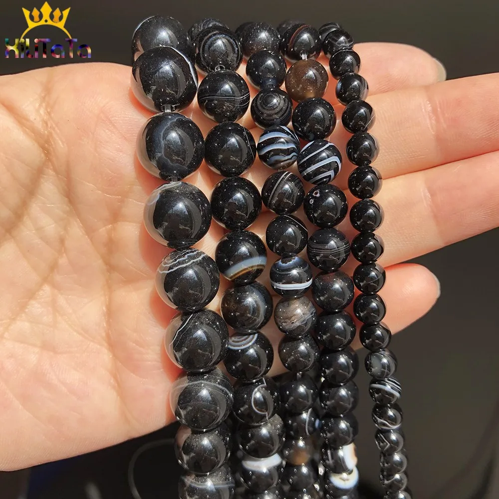 4 6 8 10 12mm Black Striped Agates Onyx Beads Roound Loose Spacer Beads For Jewelry DIY Making Bracelet Charms Accessories 15\'\'