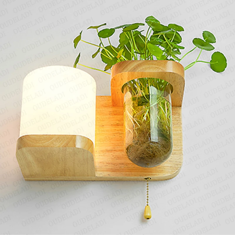 Nordic green Plant Wall Lamps with switch Indoor Wood Wall Light Glass lamp Art Decor Living Room Corridor Aisle Balcony sconce