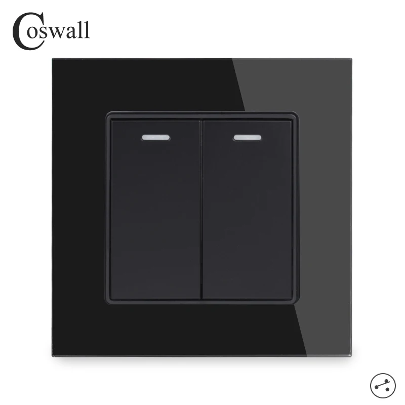 COSWALL Crystal Glass Panel 2 Gang 2 Way On / Off Pass Through Stair Rocker Wall Light Switch Switched 16A C1 Series