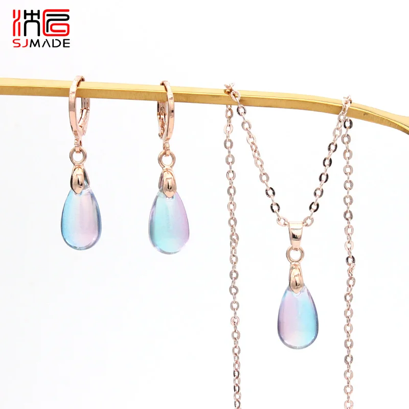 SHENJIANG New Colorful Glass Water Drop Dangle Earrings Pendant Necklace Jewelry Sets For Women Party