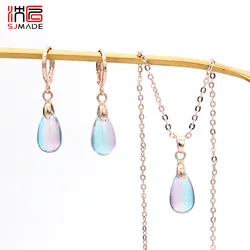 SHENJIANG New Colorful Glass Water Drop Dangle Earrings Pendant Necklace Jewelry Sets For Women Party