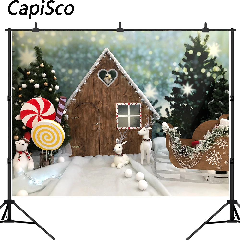 Capisco Christmas Photography Backdrop Snow tree Wooden house Decorations Background Baby Portrait Photobooth Photo Studio Props