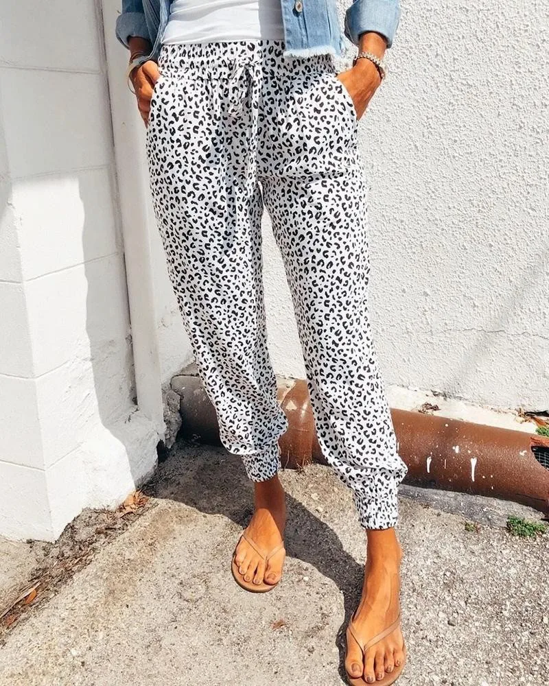 Pantalon crayon long imprimé léopard pour femme, à lacets, avec poches, streetwear, été, printemps, automne