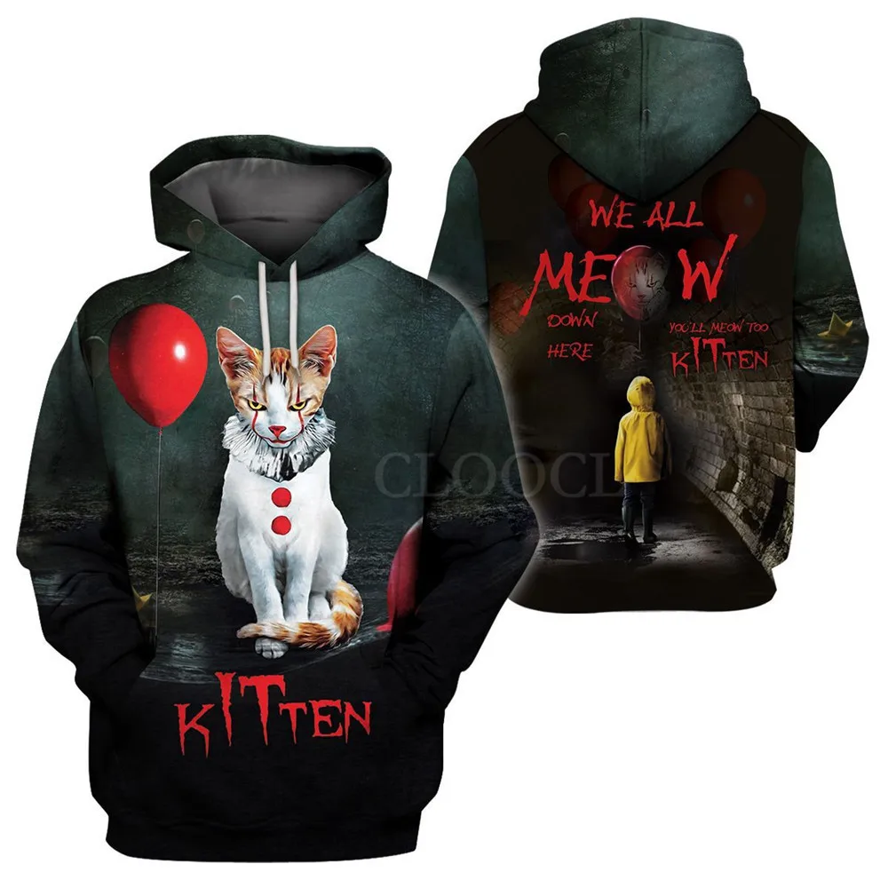 HX Halloween Dog Hoodies Pitbul 3D Graphic WE ALL WOOF DOWN HERE Hoodies Pocket Casual Sweatshirts Men Clothing