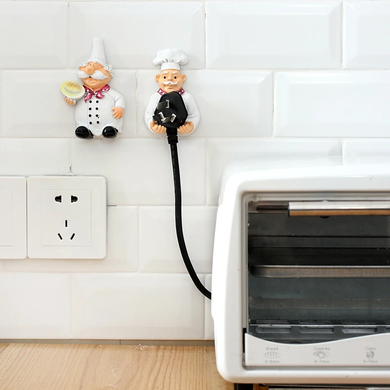 Cartoon Chef Plug Holder Power Cord Socket Hanger Organizer Wall Hanging Hook Resin Kitchen Hooks Gadgets Self Adhesive Creative