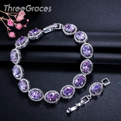 ThreeGraces Brand Shinny Big Oval Purple Cubic Zirconia Stone White Gold Color CZ Bracelets Bangle for Women Party Jewelry BR098