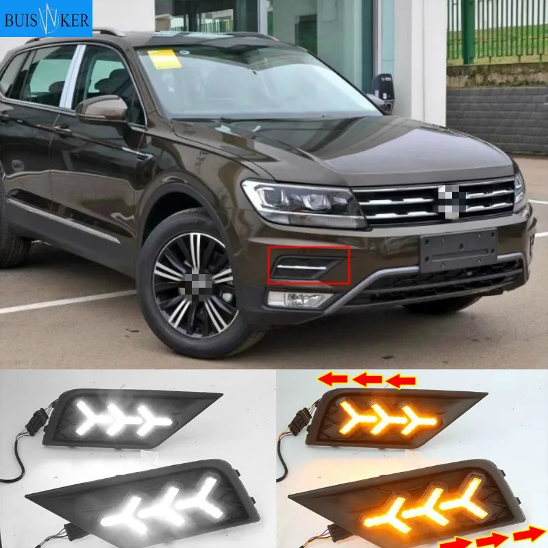 

1 пара автомобисветильник фар для Volkswagen VW Tiguan 2017 2018 2019 DRL дневные ходовые огни с желтым указателем поворота противотуманная фара