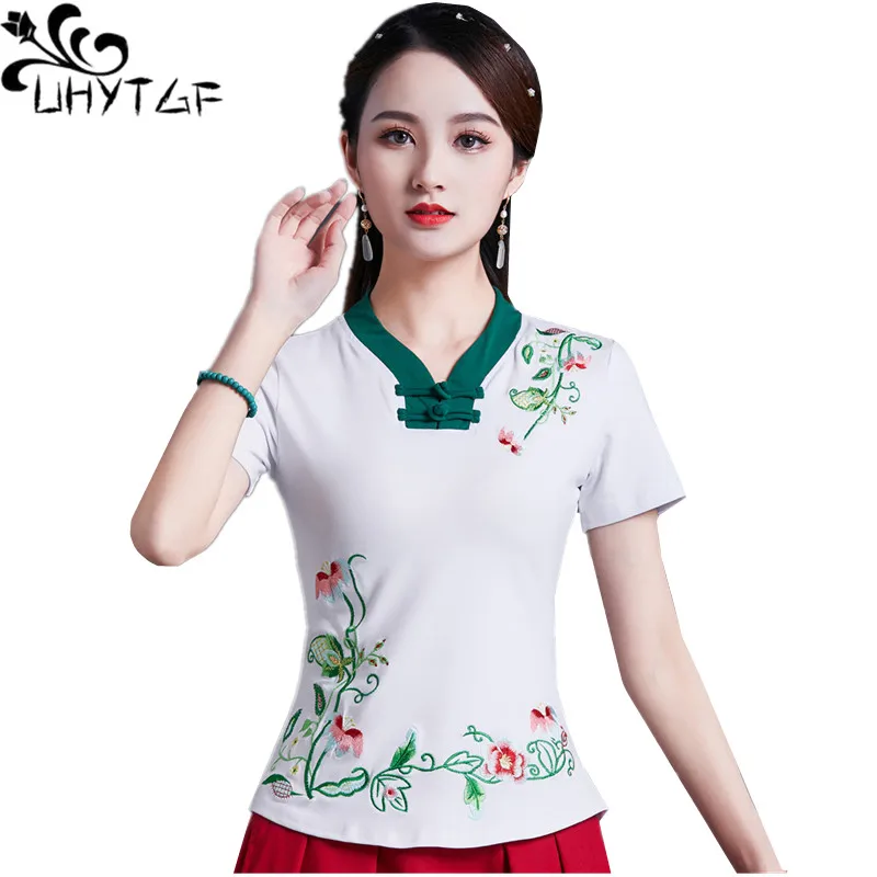 UHYTGF Fashion Women's Summer T-Shirt Embroidered Vintage Button Elegant Female Clothes Short Sleeve Slim 6XLPlus Size Tops 2149