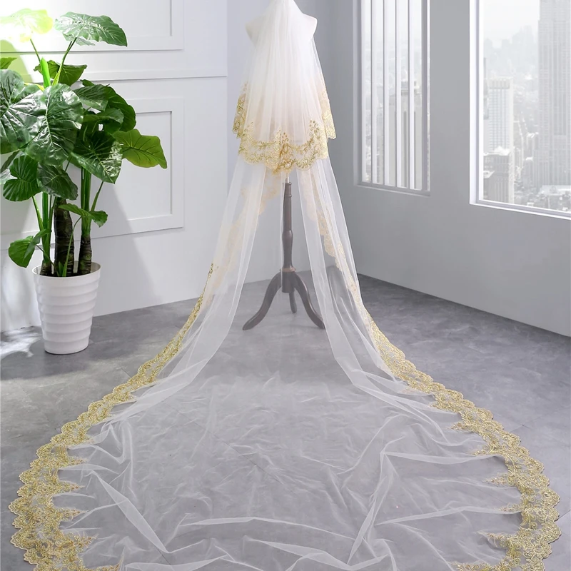 New Arrival Gold Lace Wedding Veils Two-layer 3.5 Meter Bridal Veil Long Wedding Accesorios Novia Boda Velos Bridal Headwear