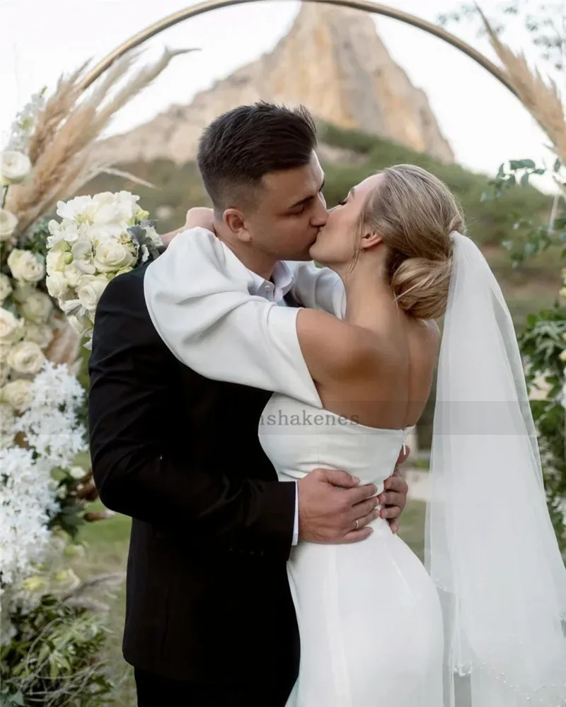 Vestido de novia blanco de manga larga, ropa de novia de costura sin tirantes, Simple, 2021