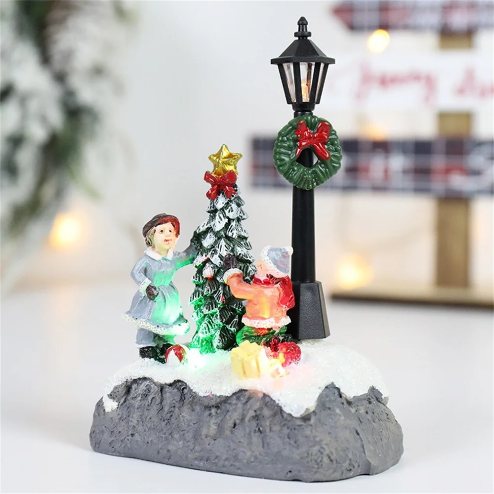 Glowing Christmas Village Resin Ornament Christmas Tree House Building Capodanno Figurine Decorazioni natalizie per la casa