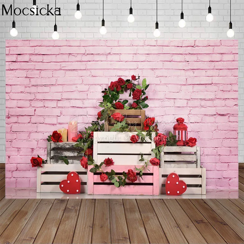 Mocsicka Valentine's Day Photography Backdrop Vintage Pink Brick Wall Love Heart Flowers Newborn Kid Cake Smash Photo Background