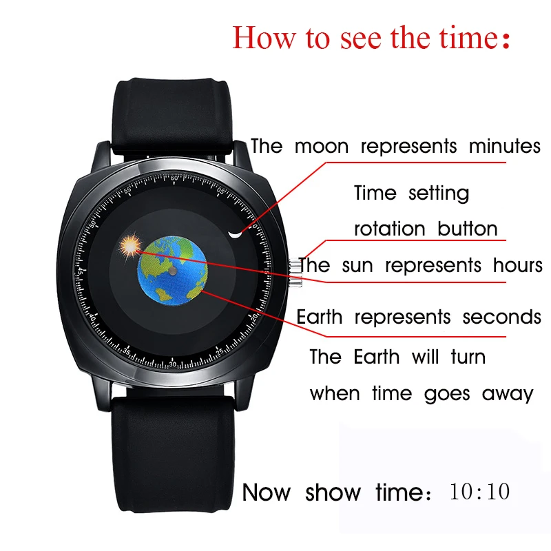 ADDIES New Men Watches Creative Design Rotation Earth Moon Sun Watch Waterproof Quartz Wristwatches Man Clock Reloj de hombre