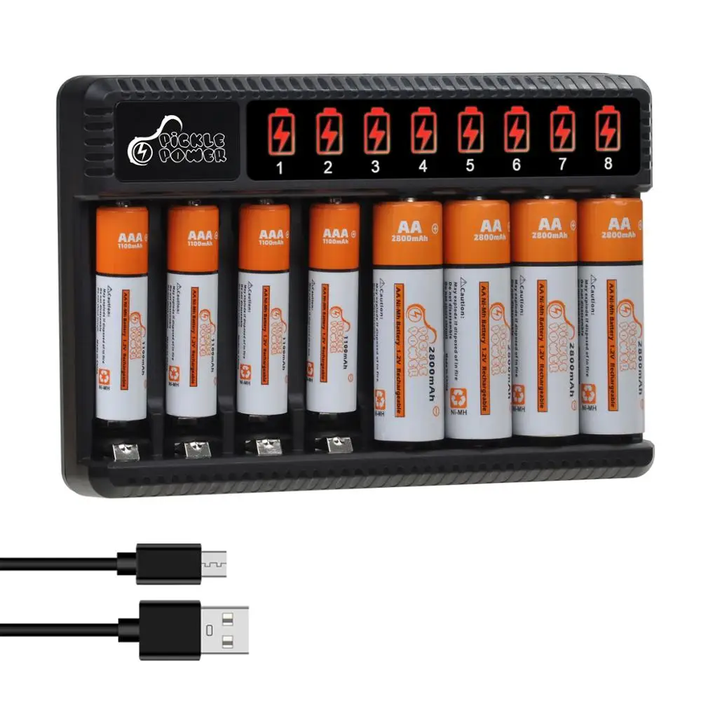 Batterie aste AA avec chargeur à 8 emplacements, 2800mAh, 1100mAh, AAA, montre jouet, lecteur MP3, horloges, appareil photo numérique