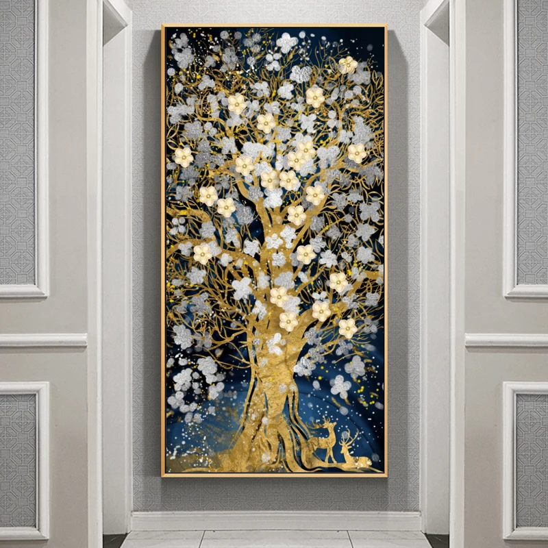 

Abstract Luxury Flowers Canvas Painting, Golden Rich Tree, Wall Art Posters Money Tree Prints, Living Room, Porch, Home Decor