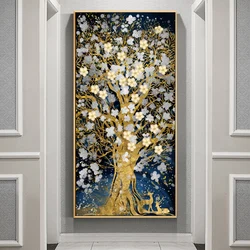 Abstract Luxury Flowers Canvas Painting, Golden Rich Tree, Wall Art Posters Money Tree Prints, Living Room, Porch, Home Decor