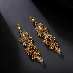 Retro Women's Big Gold Color Bohemian Jhumka Earrings Indian Jewelry Water Drop Shape Palace Bells Beads Stud Earrings Orecchini