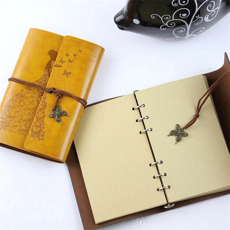 Butterfly Travelers Vintage Notebook PU Leather Blank Kraft Diary Note Book Journal Sketchbook Stationery School Office Supplies