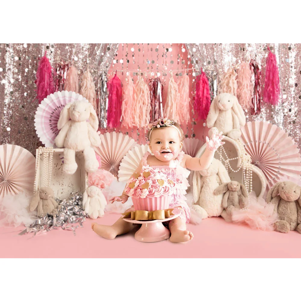 Newborn Sweet Baby Birthday Cake Smash Backdrop Rabbit Toys Sliver Glitter Children Portrait Pink Background Paper Flowers Photo