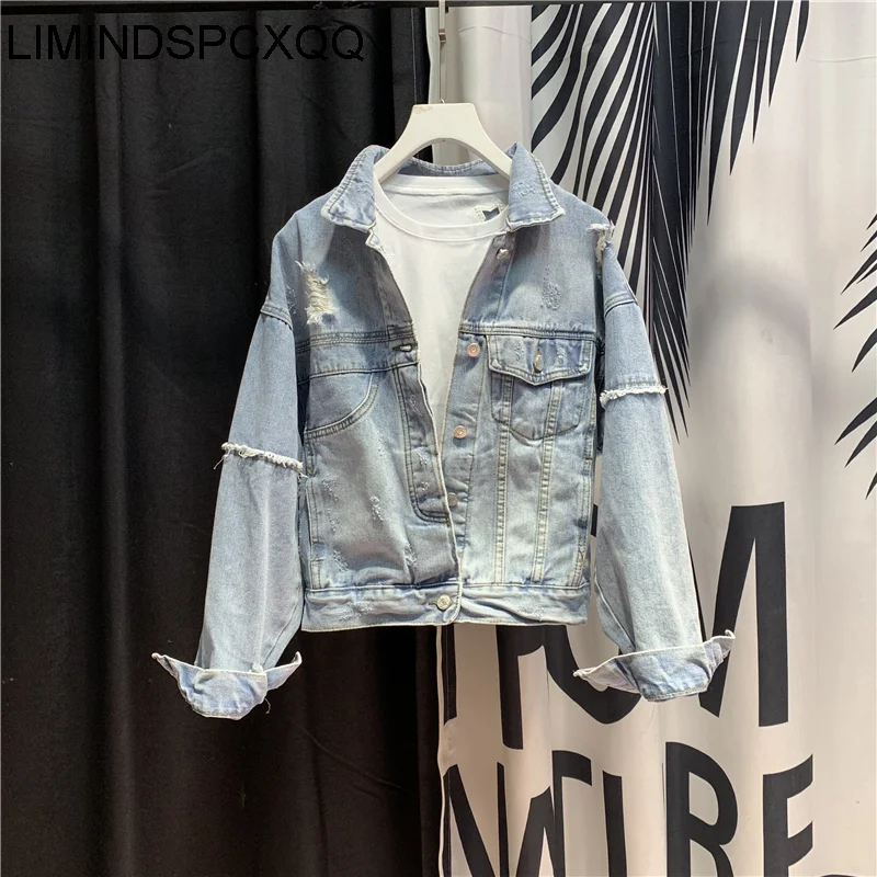 2023 Hole Bat Sleeve Short Jean Jacket Women Denim Jacket Spring Ripped Loose Coat Korean Harajuku European Style Roupa Feminina