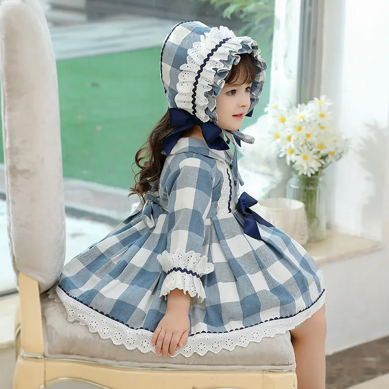 Children Cute Dress Girl Lolita Princess Ball Gown Long Sleeve College Baby Kids Dresses infant Vintage Plaid Robe  Vestidos