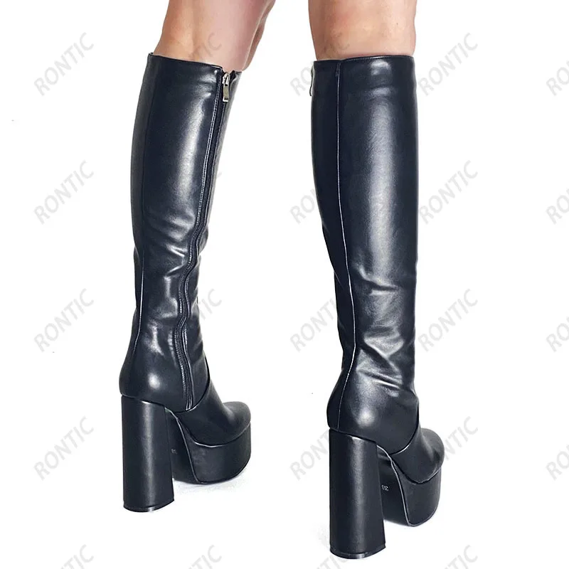 Rontic Handmade Women Platform Knee Boots Faux Leather Side Zipper Chunky Heels Round Toe Black Party Shoes US Size 5-15