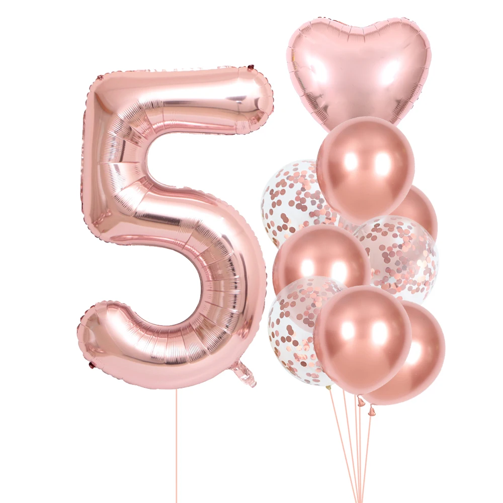 10 Uds. Globos de feliz cumpleaños, globos con números de oro rosa 1, 2, 3, 4, 5. ° cumpleaños de niña, accesorios de boda, decoraciones para Baby