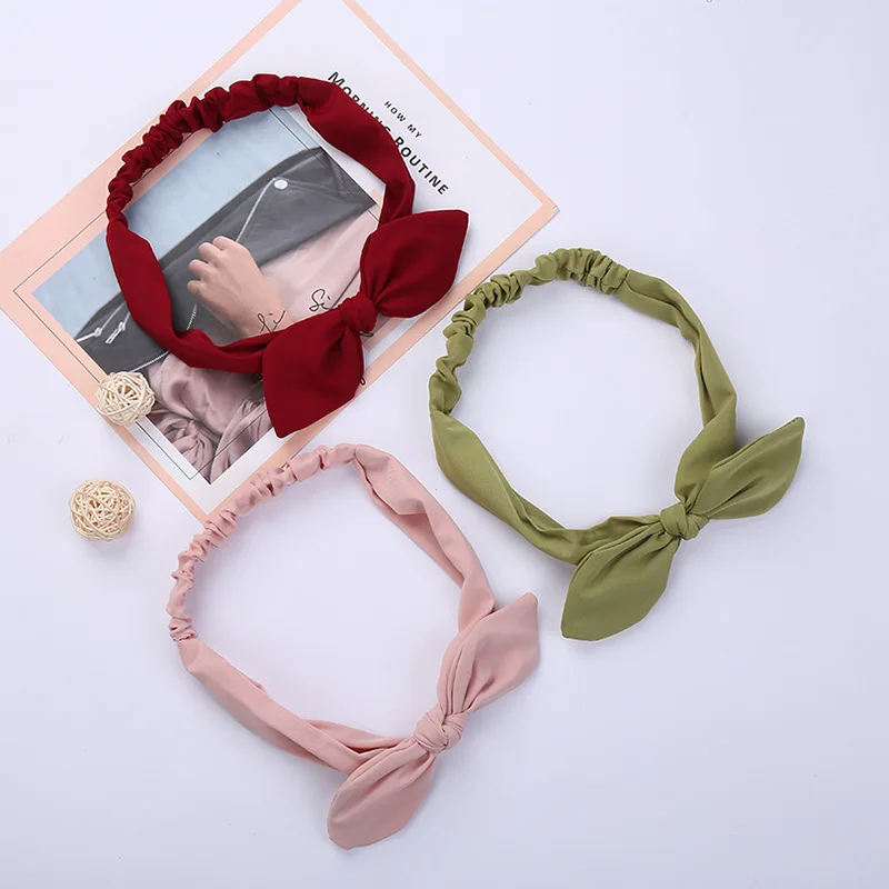 Plain Polyester Rabbit Ear Headband For Women Female High Quality Elastic Bow Hairband Headwear Hair Accessories