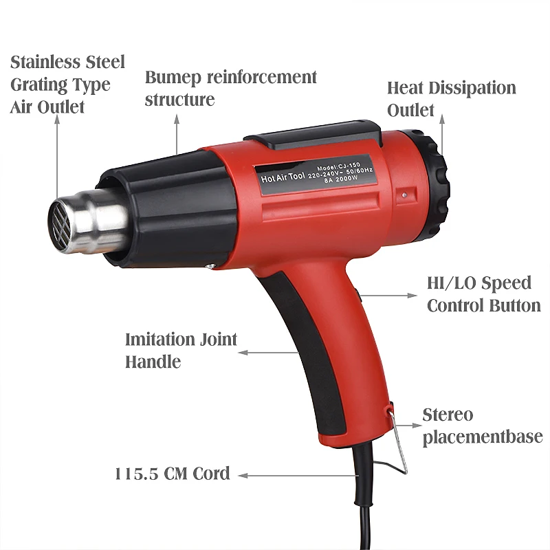 JCD 220V/110Vความร้อน 2000Wตัวแปรอุณหภูมิอุตสาหกรรมไฟฟ้าร้อนด้วยหัวฉีดสิ่งที่แนบมาเครื่องมือHairdry