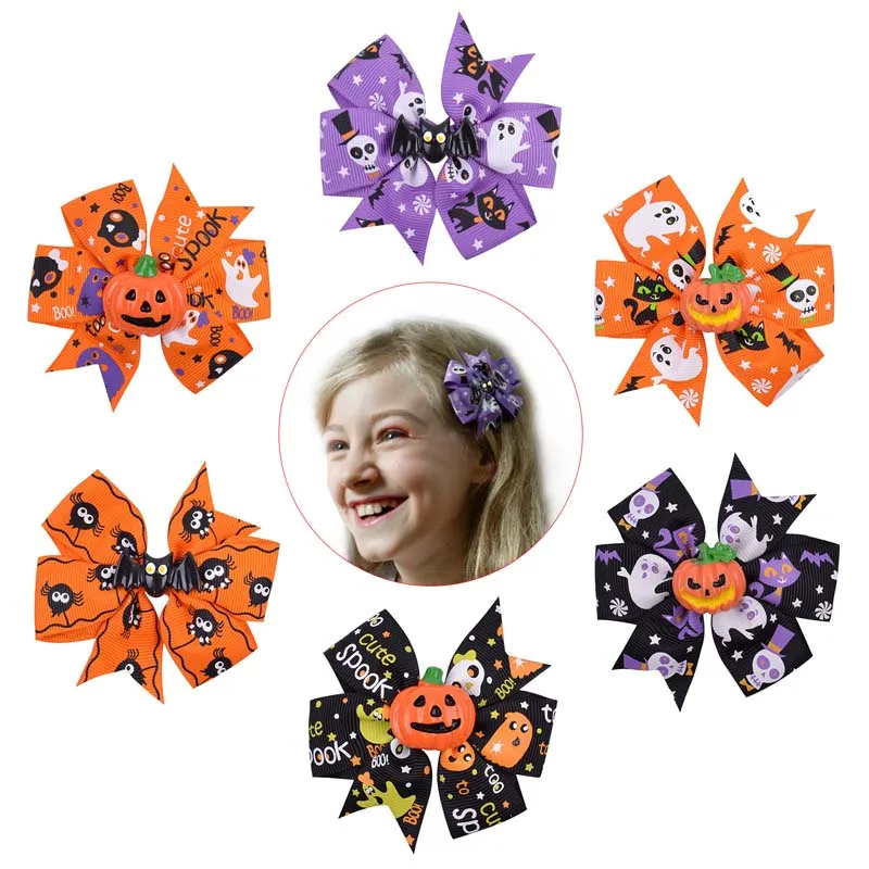 

6pcs Girl Child Halloween Decoration Hair Clips Hair Pin Accessories Ghost Pumpkin Pinwheel Ribbon Bows Festival Kids Gifts