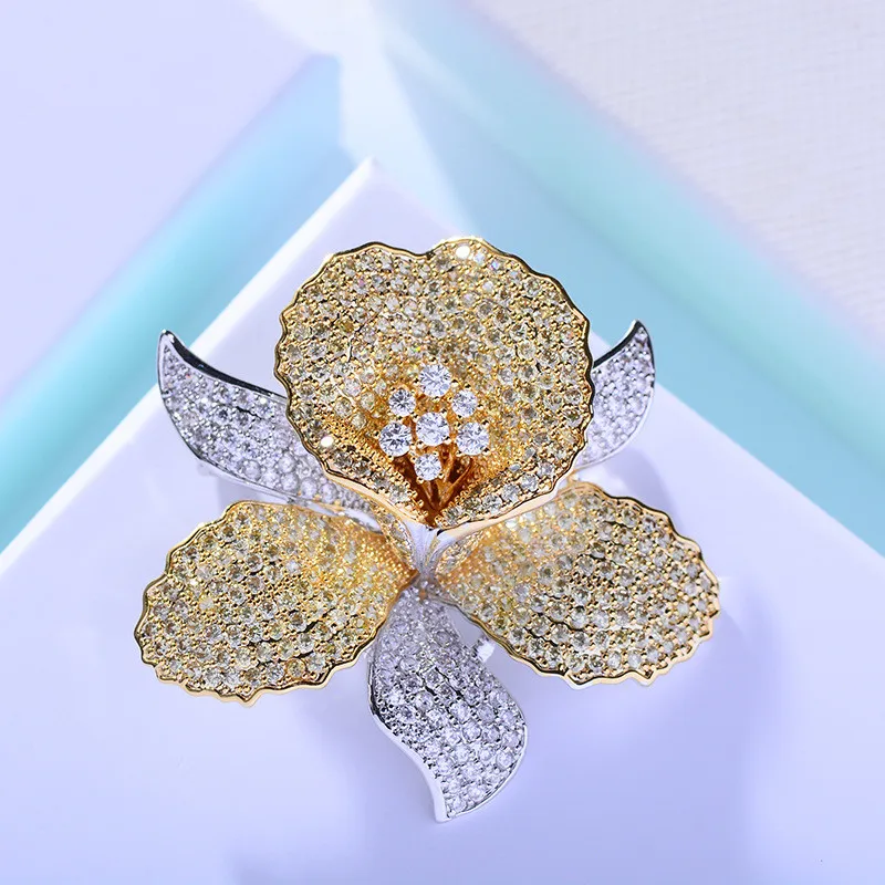 OKILY Luxurious Cubic Zirconia Orchid Flower Brooch Pin Delicate Rhinestone Floral Pins and Brooches for Women Valentine\'s Gift