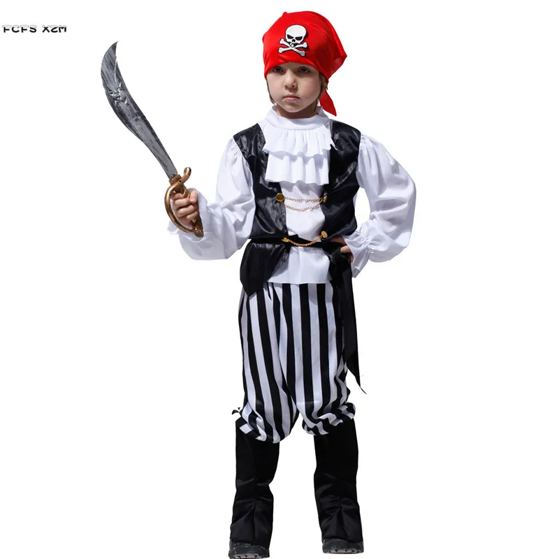 Boys Pirates Of The Caribbean Cosplay Kids Children Halloween Skull Robber Costumes Carnival Purim Stage Role Play Party Dress