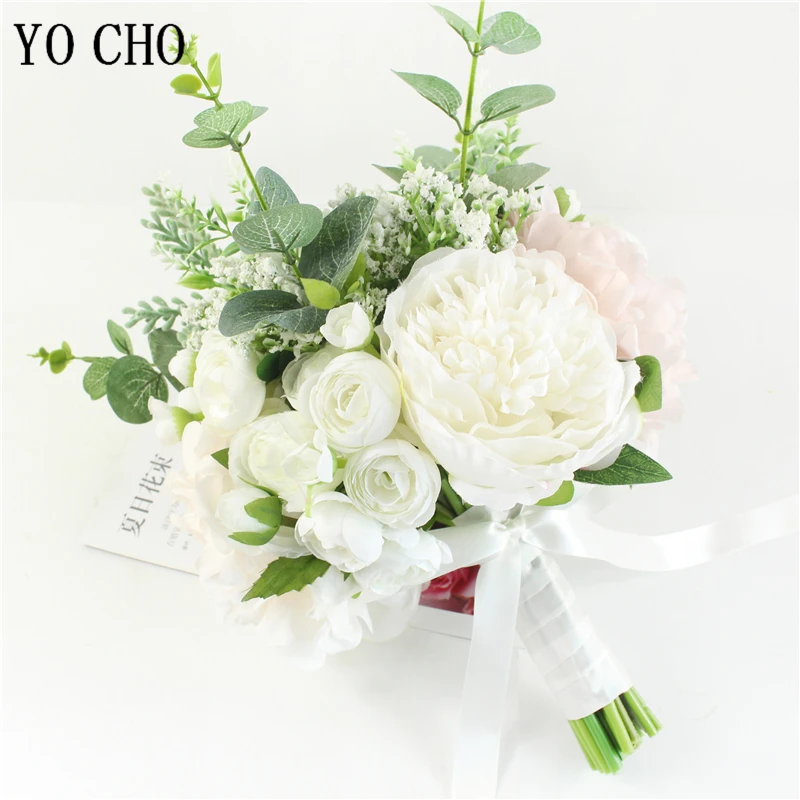 Yo cho moda noiva mão flores bonito peônia bouquets casamento artificial rosa flores de seda diy bouquet branco peônia rosa vermelha