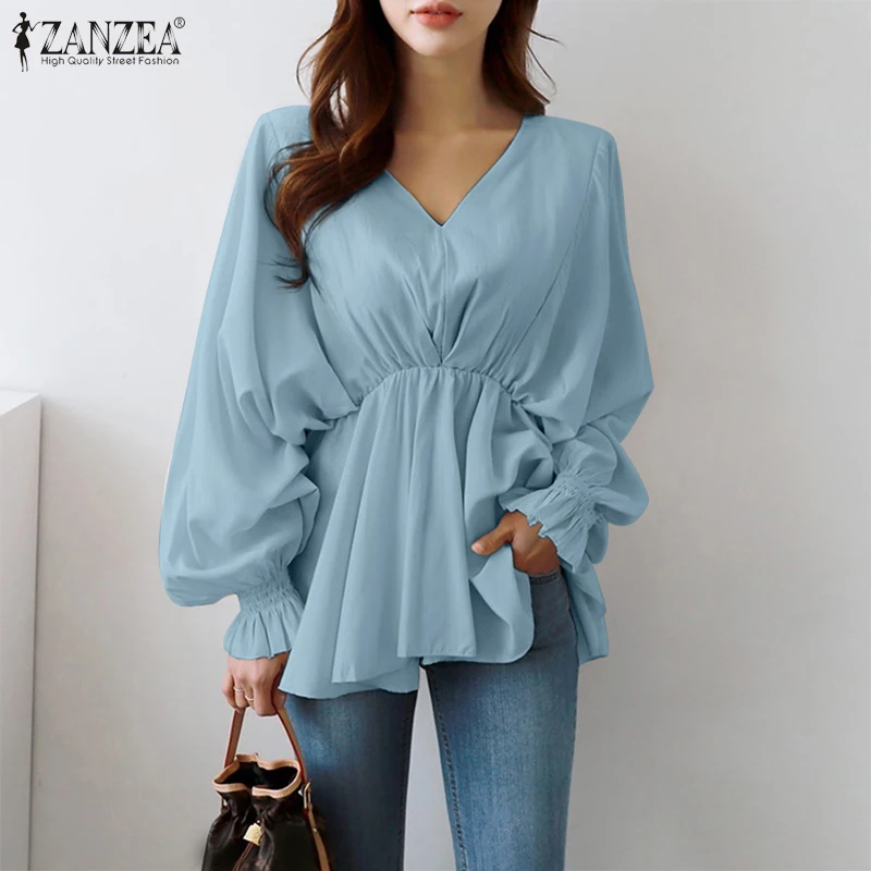 ZANZEA 2023 Stylish Puff Sleeve Tops Women\'s High Waist Blouses Casual V Neck Ruffle Blusas Female Solid Tunic