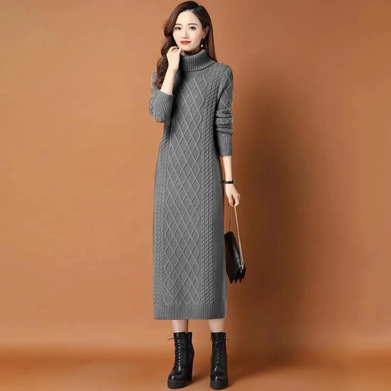 Female High Neck Long Sweater Women Thickened Autumn Winter 2024 New Loose Outer Wear Twist Base Dress Femme Knit Dress Elegant