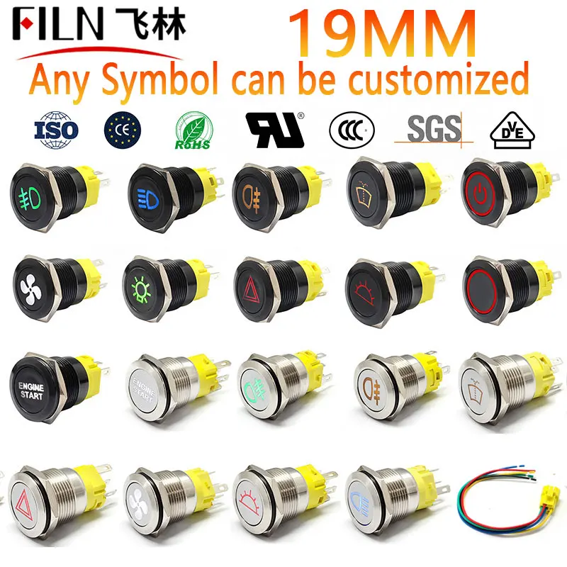 FILN 16mm 19mm 22mm 12v LED 1NO1NC Metal Push Button Switch Dashboard Custom Symbol Momentary Latch on Off Car Moto Switch