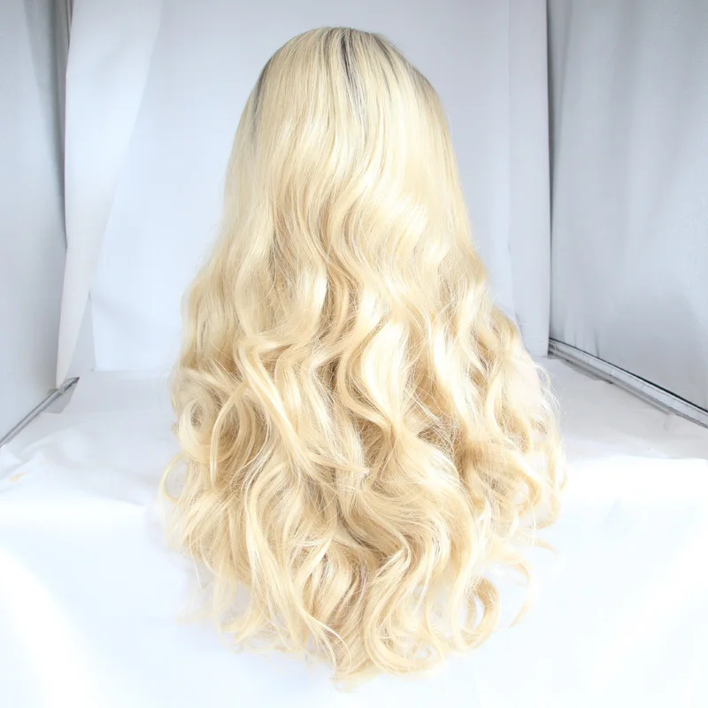 Body Wave Synthetic Lace Front Ombre Blonde Curly Wig With Dark Black Roots Wigs Cosplay Frontal Glueless Hair For Women Lilita