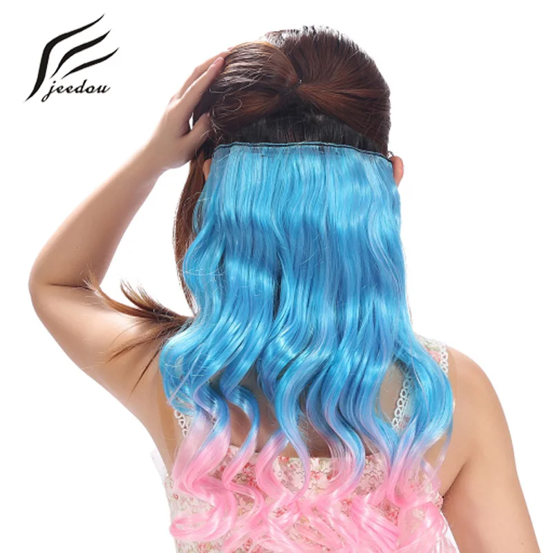 Jeedou Synthetic Ombre Color Wavy Hair Clip in One Piece Hair Extension Black Pink Gradient Modern Night Club Cosplay Hairpieces