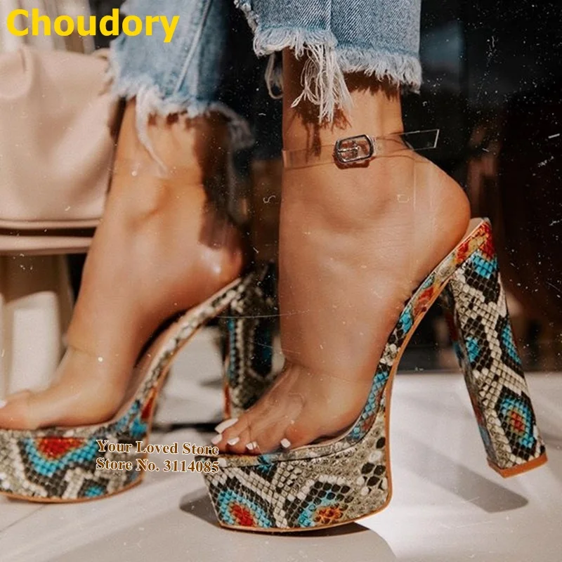 Choudory Newest Multi Snakeskin Printed Sandals Chunky Heel Platform Dress Pumps Transparent Clear PVC Buckle Strap Sandals