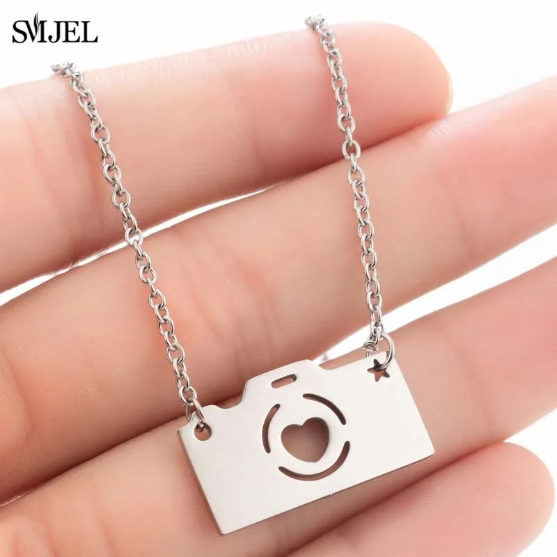 SMJEL Stainless Steel Camera Pendants Necklaces for Women Simple Basketball Watermelon Cat Necklace Choker Jewelry Friend Gifts