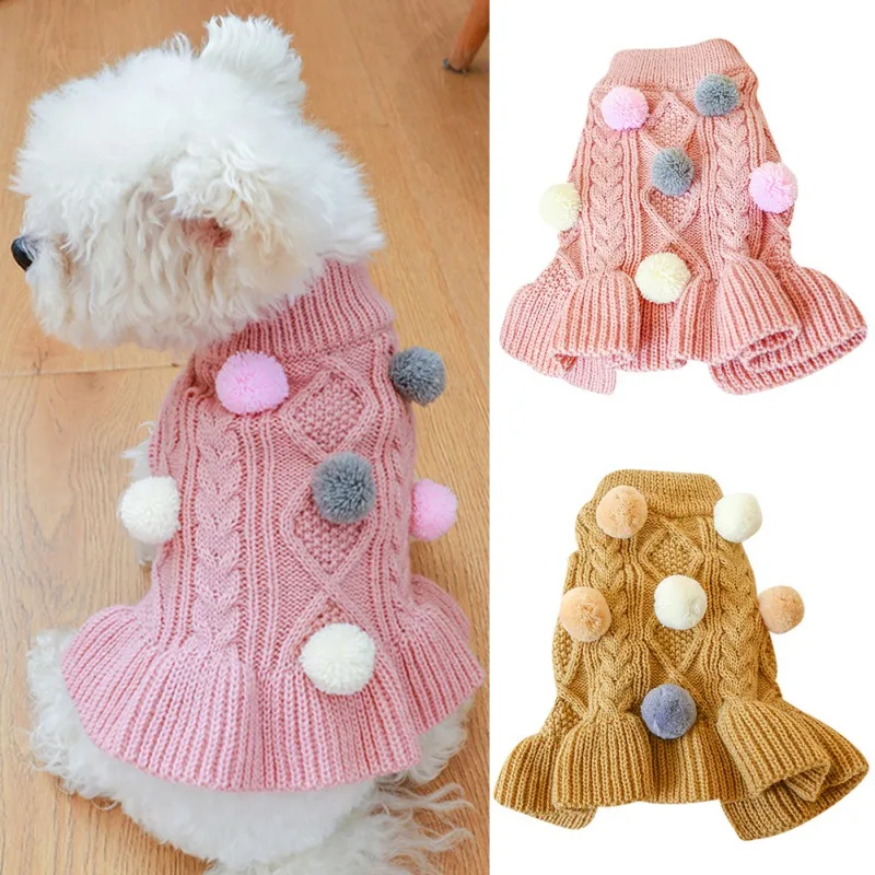 Warm Dog Cat Clothes Pet Knitted Sweater Dress Warm Skirt Pet Puppy Small Dog Chihuahua Cute Pompom Princess Dress For Dogs