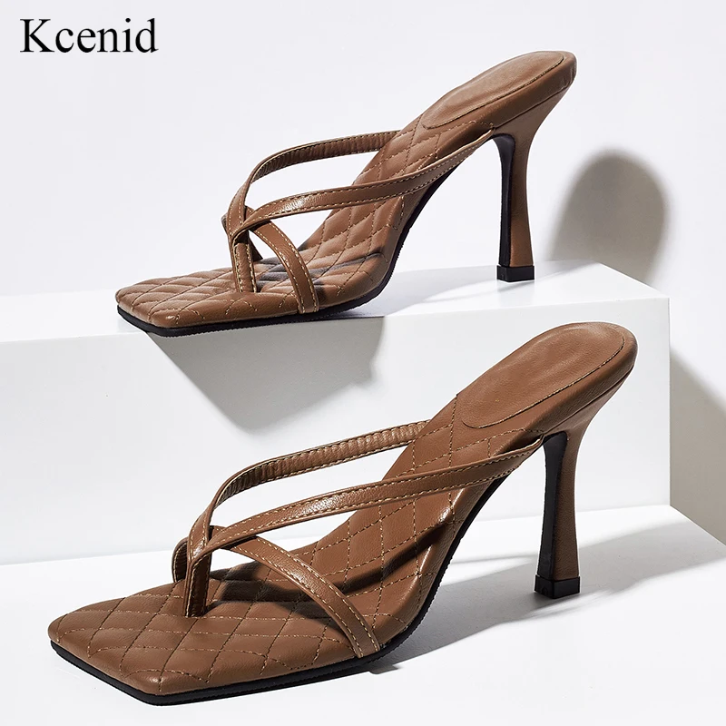 Kcenid Clip toe design womens slides ladies party dress slippers fashion flip flops stiletto high heel shoes square toe sandals