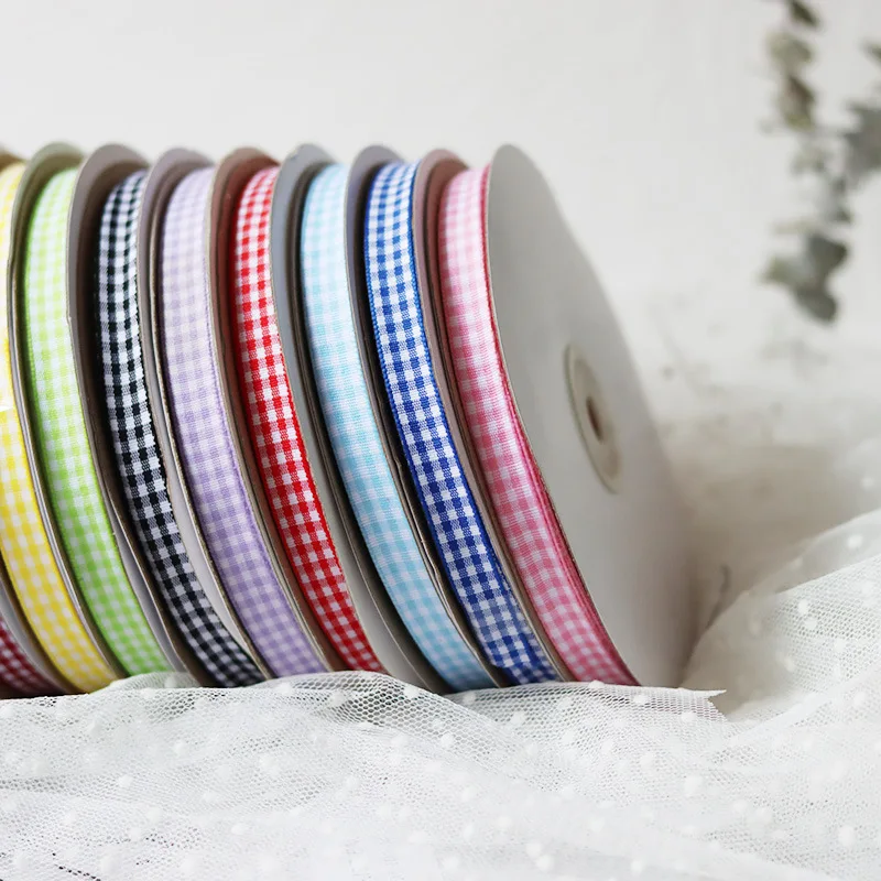 

10mm Lattice Plaid Grosgrain Ribbons Gift Wrapping Polyester Packaging Tape 50Yards 3/8 Bow DIY Handmade Material Craft Supplies